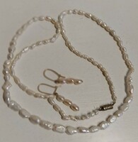 Retro beautiful condition necklace made of small real white pearls with hook-on earrings