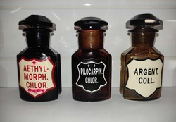 Old, antique amber yellow apothecary, pharmacy bottles, 3 pcs