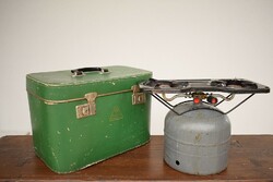 Retro Czechoslovak camping gas stove with two gas cylinders