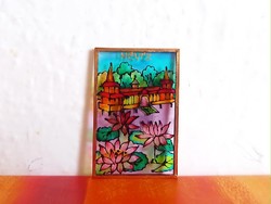 Painted glass fridge magnet, hot water, bath, water lily, unique handmade product