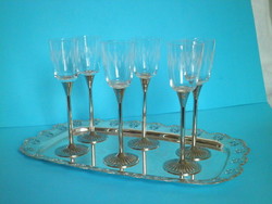 Vintage polished, incised, silver-plated alpaca base, cocktail glass set with tray