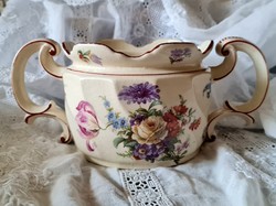 Antique Zsolnay faience sugar bowl with wildflowers