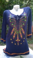 Fashionable stylized butterfly embroidered tunic-women's top-blouse indigo blue 16