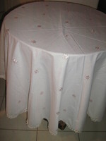Beautiful elegant pink floral round madeira tablecloth with white lacy edges