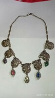 Beautiful old necklace vintage collier, women's metal jewelry with colored stones