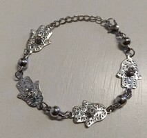 Retro silver-colored openwork pattern bracelet in the shape of the hand of Fatima, bracelet studded with small stones