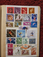 Sport stamp album 40 pages - with Hungarian and foreign used (stamped) stamps from the 1960s