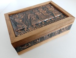 A convex, scene-decorated wooden box