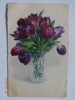 Old graphic floral greeting card, bouquet of tulips in a vase (1929)