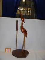 Retro carved wooden egret with bamboo cane - 44 cm - statue, decorative object