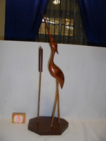 Retro faragott fa kócsag bambusz náddal - 44 cm - szobor, balatoni szuvenír