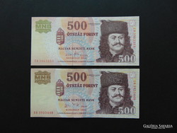 2 pieces of 500 HUF 2006 - 2010 nice crisp banknotes!
