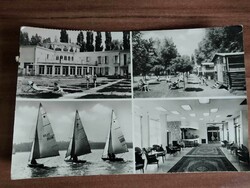 Old photo postcard, Balaton, Balatonszéplak, holiday, sunbathing, sailing boats, 1963