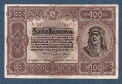 100 Korona 1920 VF+ vörös számozás