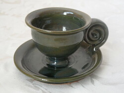 Green glazed ceramic cup + base, candle holder