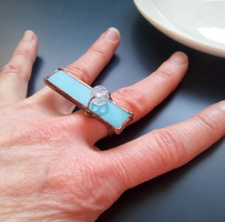 Spectacular handcrafted ring made of light blue glass and glass beads