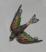 Pigeon pendant/brooch, large, ruby, marcasite sterling silver 925 - new handcrafted jewelry!