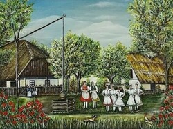 Pünkösdölők  Népi életkép 40x50 cm , naív festmény