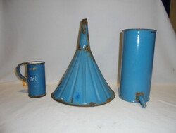 Old, blue enameled tools - large funnel budafok, measuring cup bonyhád, irrigator h.A. And tsa -together