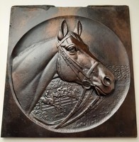 Vintage horse head bronze wall picture, marked with fs monogram: finta sándor