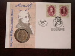 Commemorative envelope issued for the 200th anniversary of Mozart's death with silver 25 schillings