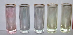 5 darab aranyozott szélű színes üveg pohár, csőpohár - együtt