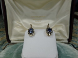 Pair of antique gold crammed earrings with blue sapphires and diamonds
