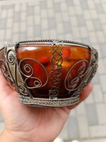 Amber glass bowl decorated with silver-plated copper
