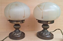 A pair of copper-bodied, acid-etched glass table lamps