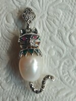 Ruby - pearl - marcasite 925 silver cat pendant
