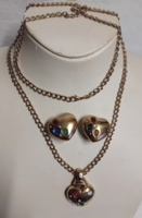 Gold-plated long thick necklace with colorful stone medallion on it with clip-on earrings