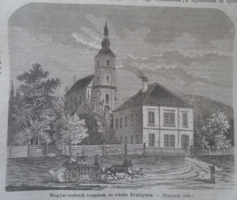 D203380 Magyarzsákod church and school in Transylvania Maros vm - original woodcut from an 1866 newspaper