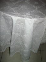 Beautiful baroque Toledo pattern white damask tablecloth with lace edges