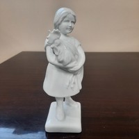 White Herend porcelain girl with a rooster, figurine of a girl with a rooster