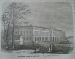 D203413 p201 Hajdúböszörmény - new school building (Vecsey) original woodcut from an 1866 newspaper