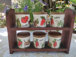 Spice holder wall shelf, with porcelain spice holders