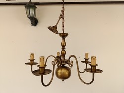 Antik csillár flamand 5 karú bronzírozott patinás kis réz régi dísz gyertyák + 5 új izzó 539 8933