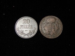20 Fillér 1918 KB vas, és Mária Terézia barokk címeres Poltura 1763, együtt