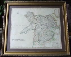Régi térkép keretezve, üvegezve, Wales North-Wales 45x53 cm SOK MÁS ÉRDEKESSÉG IS