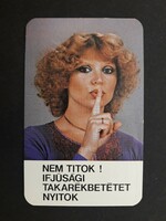 Kártyanaptár 1982 - Nem titok, ifjúsági takarékbetétet nyitok feliratos retró, régi zsebnaptár