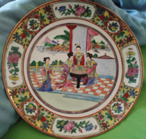 Go táblát játszók életképpel díszített/kanton mintás, keleti porcelán tányér