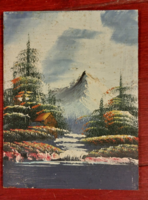 Bob Ross stilusú tájkép , festmény - farost lemezre festett talán olajfestmény 16x21 cm, keret nélkü