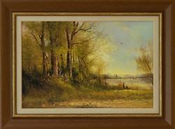 JAKUBIK ISTVÁN, ŐSZI TÓPART - HANGULATOS TÁJKÉP, 40x60 CM, OLAJFESTMÉNY
