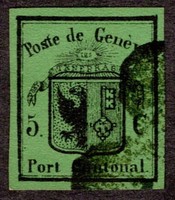 1848 Svájc Genf 5c Scott 2L4, Mi 5, HAMIS! Így is ritka! Tökéletes választás, drága eredeti helyett!