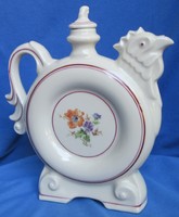 Kakas formájú porcelán kancsó, kulacs, jelzett, 23 cm magas