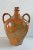 Antik "Red Ware? " kétfülű kerámia korsó, kancsó foltos zöld narancssárga mázzal , 38 cm magas
