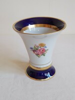 Régi cseh Royal Dux Bohemia vintage kis porcelán váza kézzel festett arany kobalt kék virág mintás