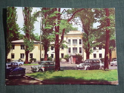 Képeslap,Harkány,Gyógyfürdő,MÁV gyógykórház,épület látkép, részlet,veterán autó,1973-