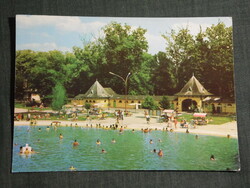 Képeslap,Harkány,Gyógyfürdő,strand fürdő,medence,kabin,öltöző épület látkép, részlet,1979-