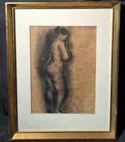 Akt (szénrajz) - grafika kerettel, szignózott - azonosítatlan jelzés